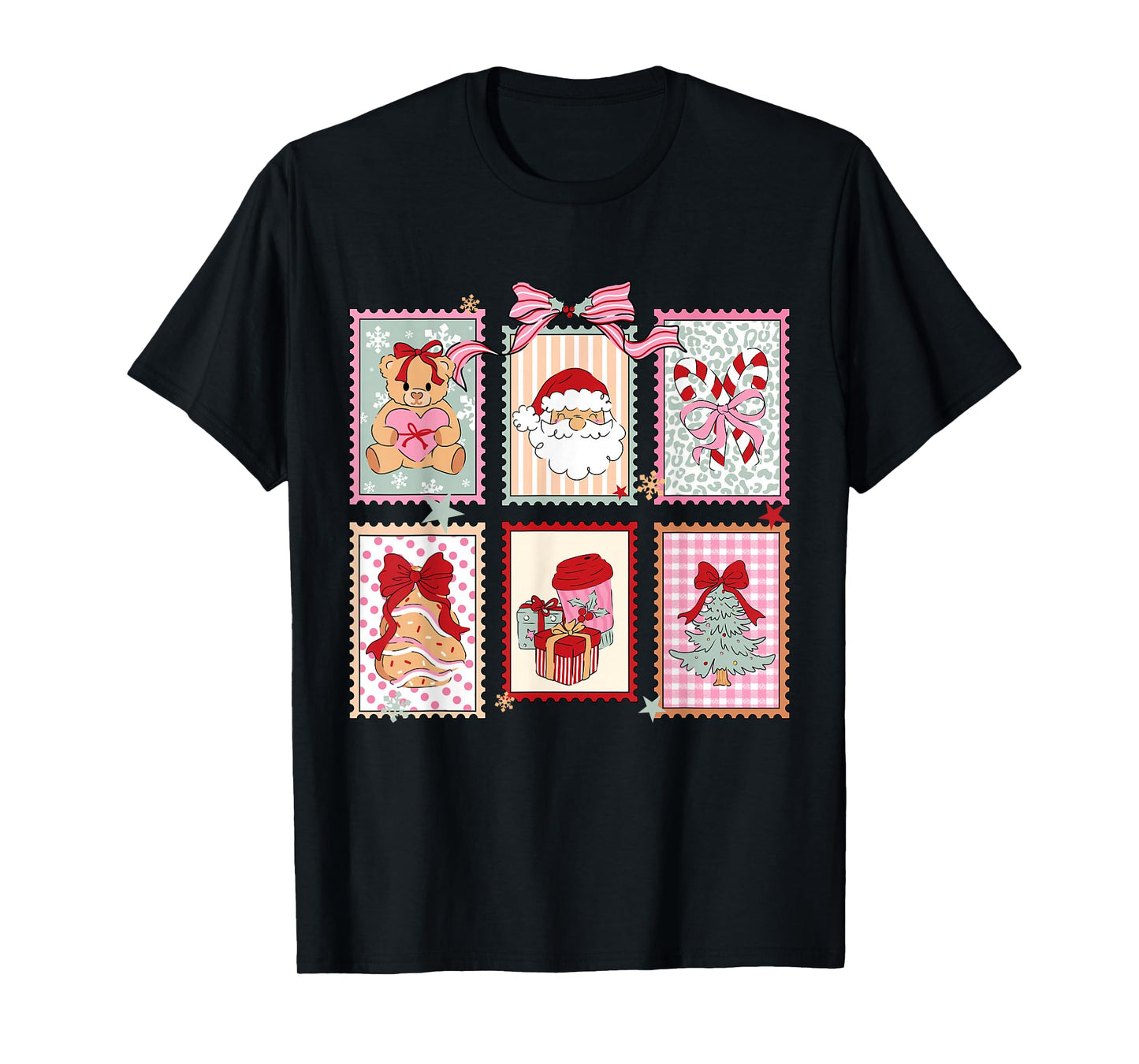 Retro Funny Coquette Bow Christmas Stamps Santa Xmas Holiday T-Shirt