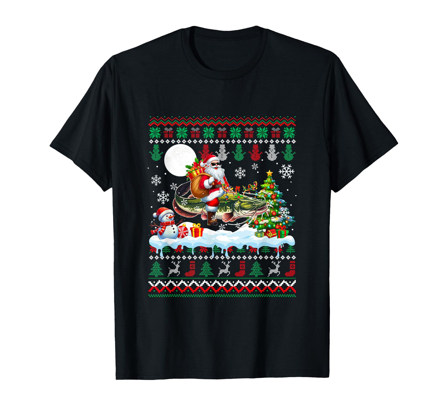 Santa Riding Reindeer Catfish Sweater Xmas Tree Snowman T-Shirt