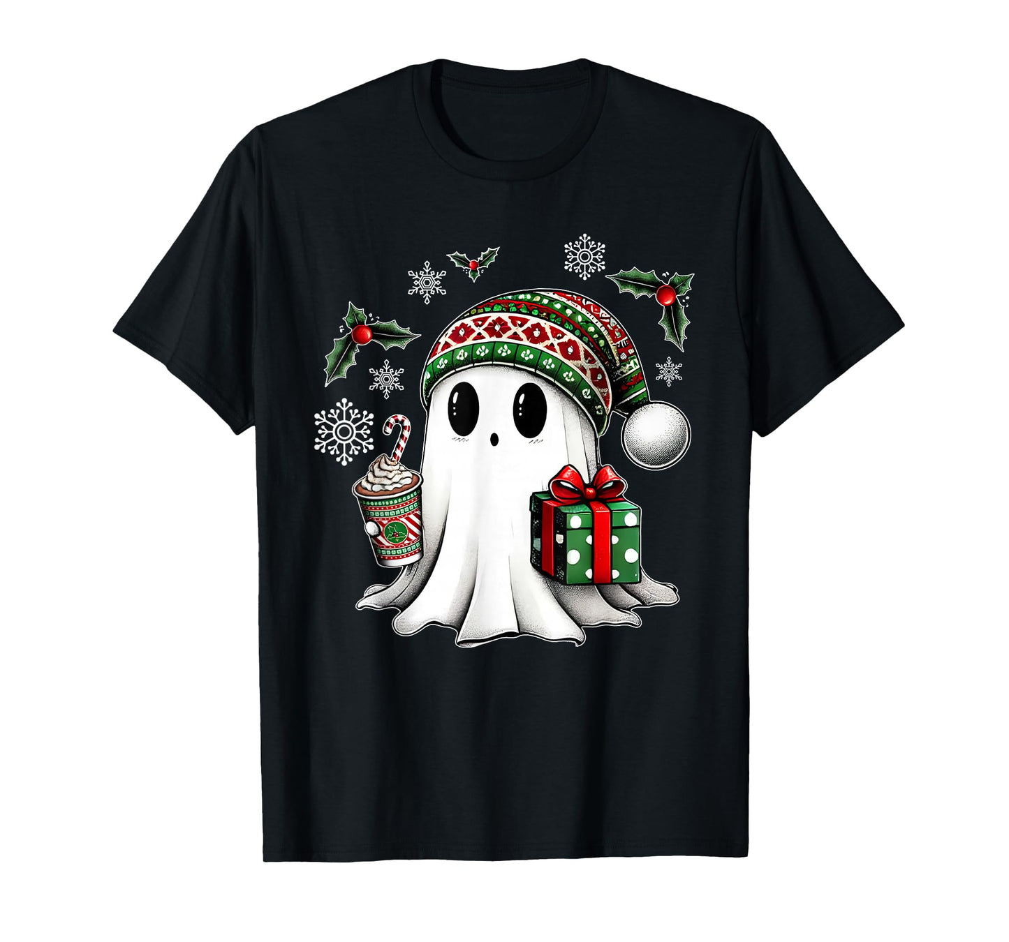 Cute Christmas Ghost Spirit with Santa Hat Coffee and Gift T-Shirt