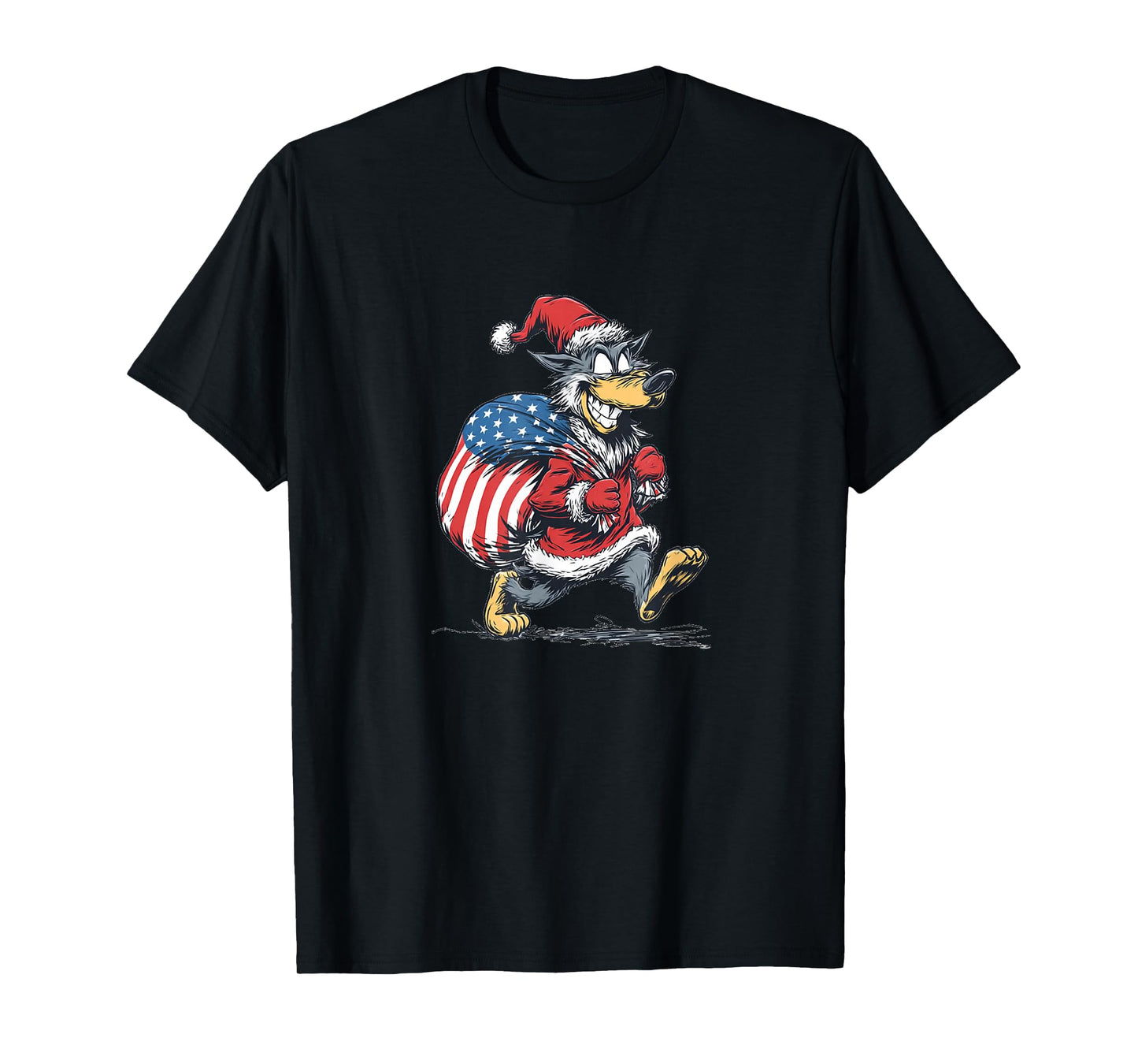 Laughing US Wolf with Santa's Bag Costume for Festive Days T-Shirt