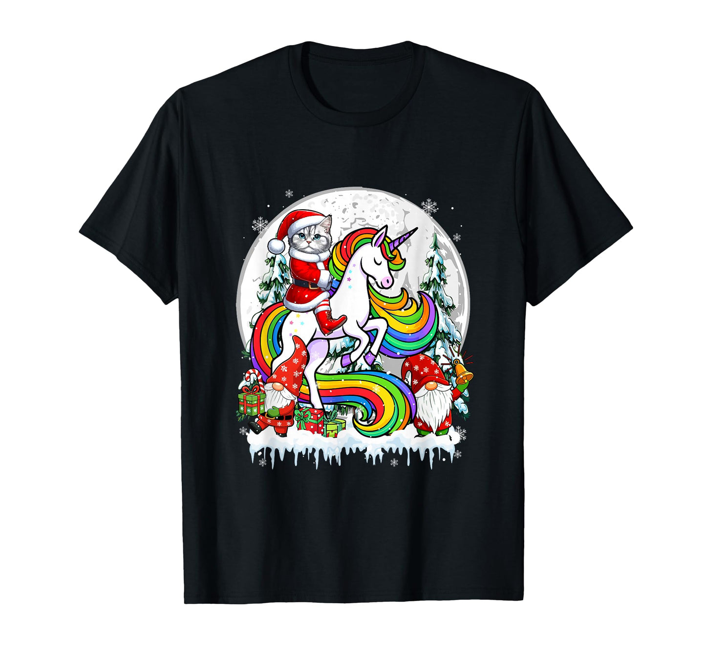 Santa Cat Riding Unicorn Gnomes Christmas Trees Family Kids T-Shirt
