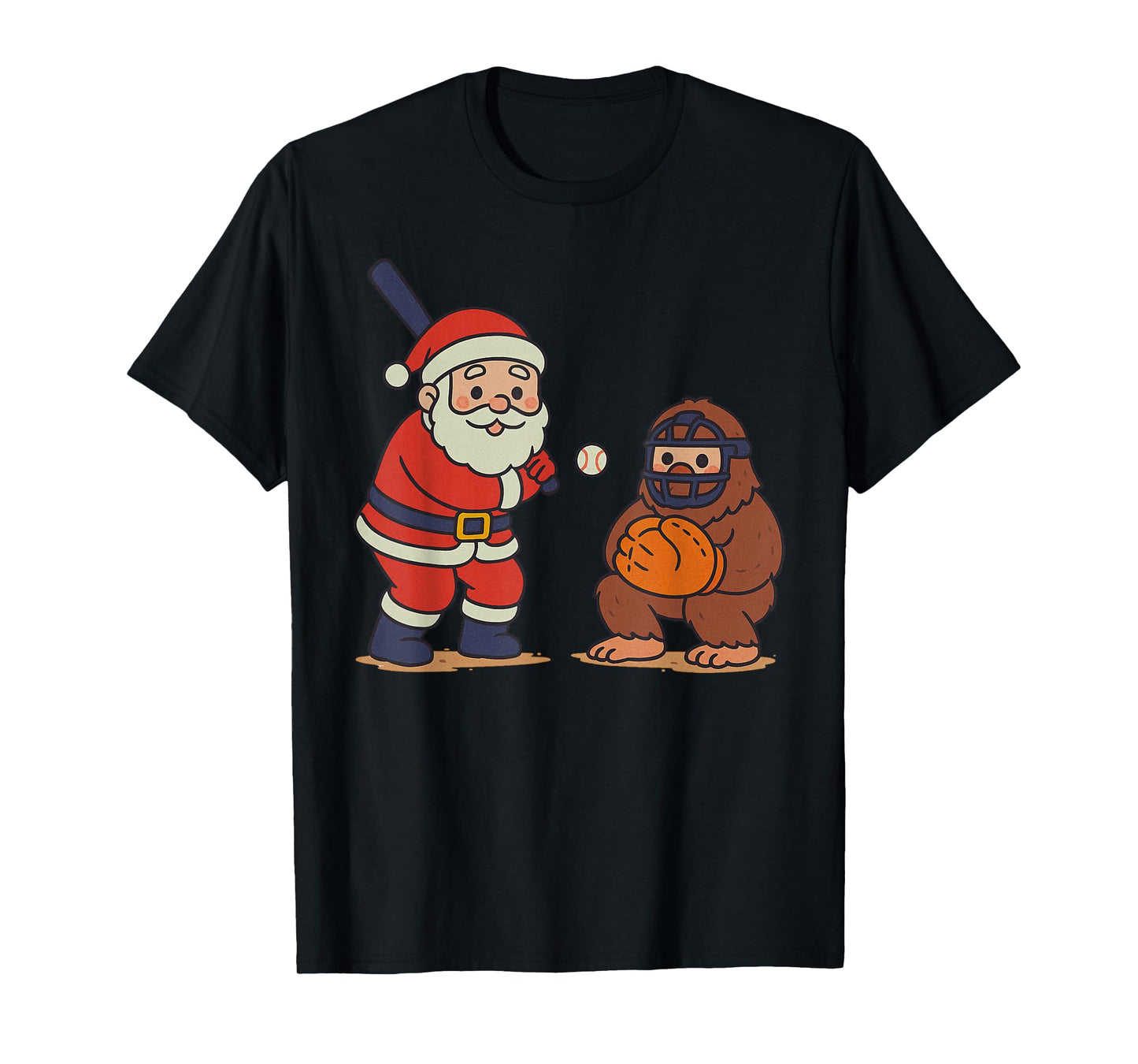 Santa Claus Sasquatch Playing Baseball Xmas Funny Christmas T-Shirt