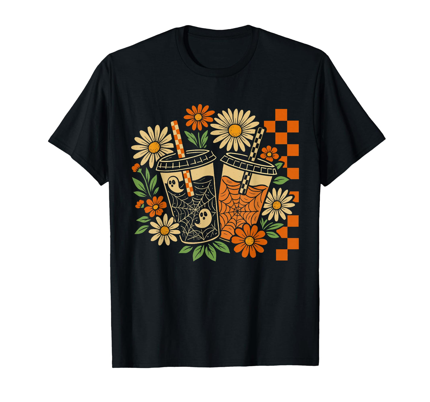 Vintage Halloween Spooky Boo Ghost Coffee Floral Checkered T-Shirt