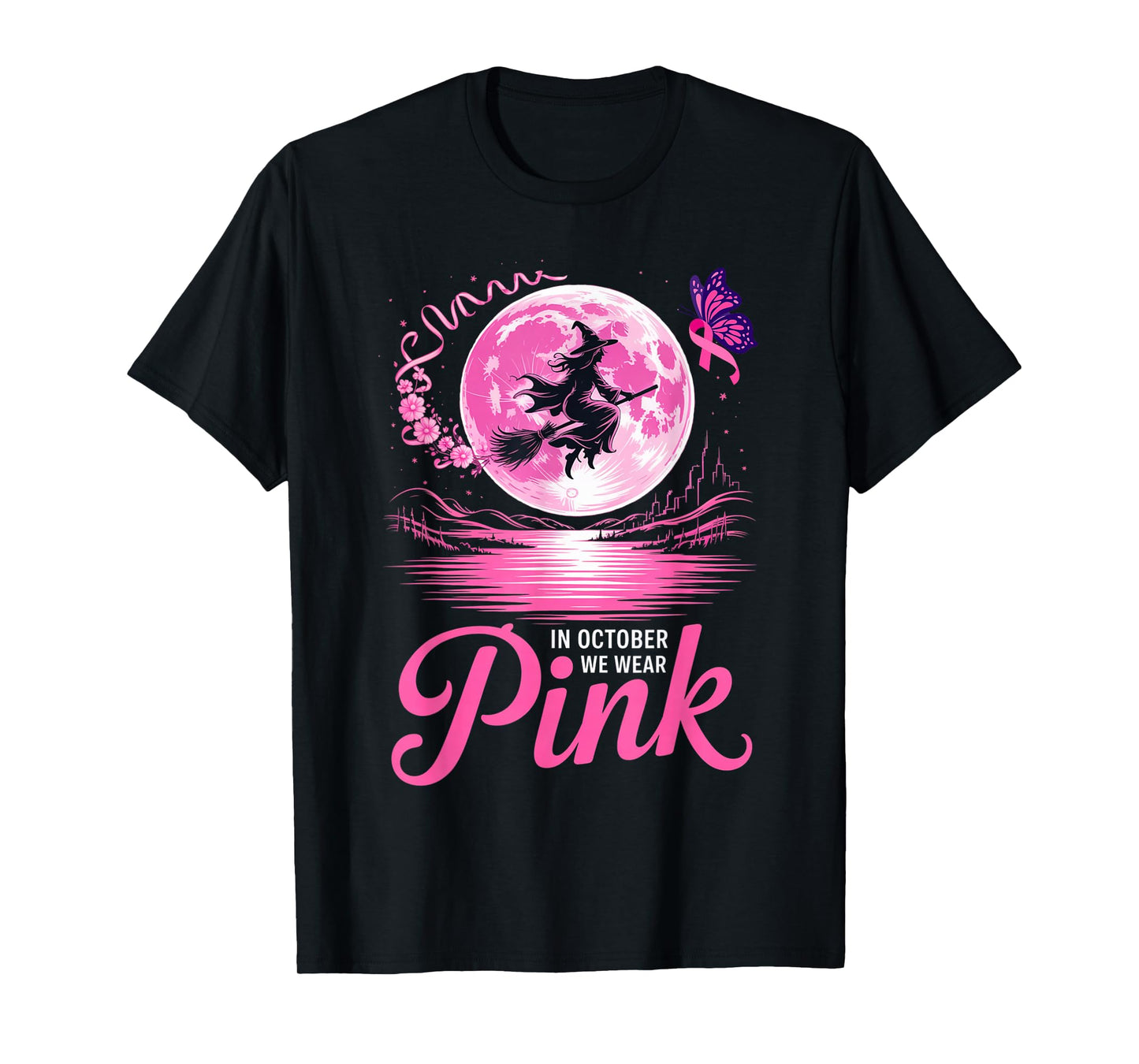 in October We Wear Pink Witch Moon Halloween Awareness Vibe T-Shirt
