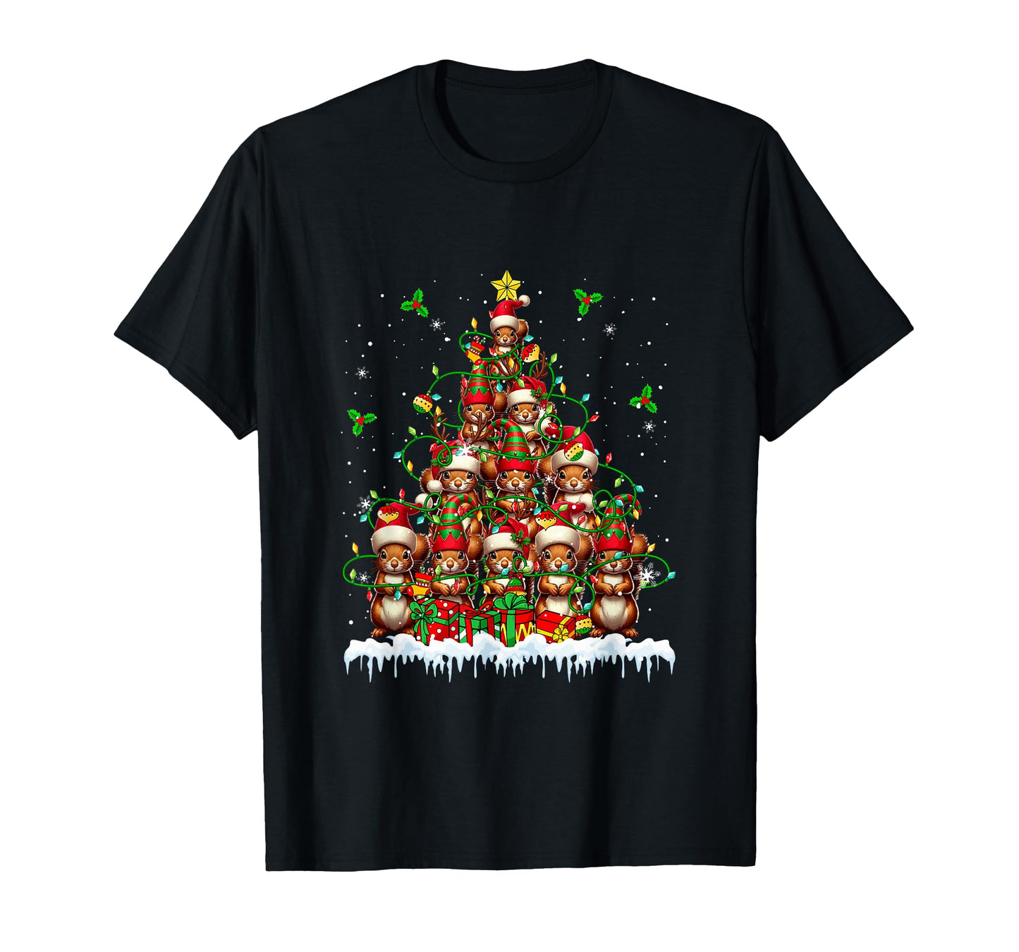 Group Santa Reindeer Elf Squirrels Xmas Tree Colorful Lights T-Shirt