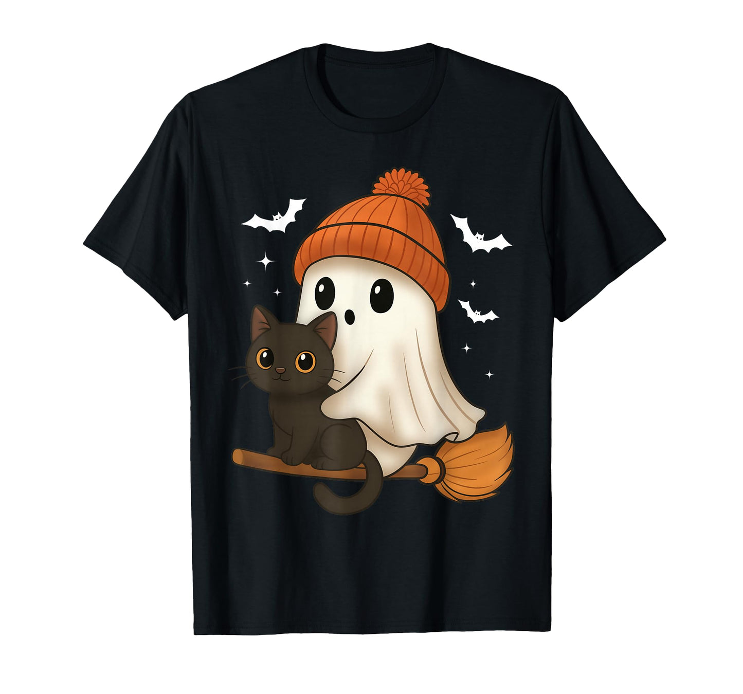 Cute Cat Flying On Broom with Ghost Stars Funny Halloween T-Shirt