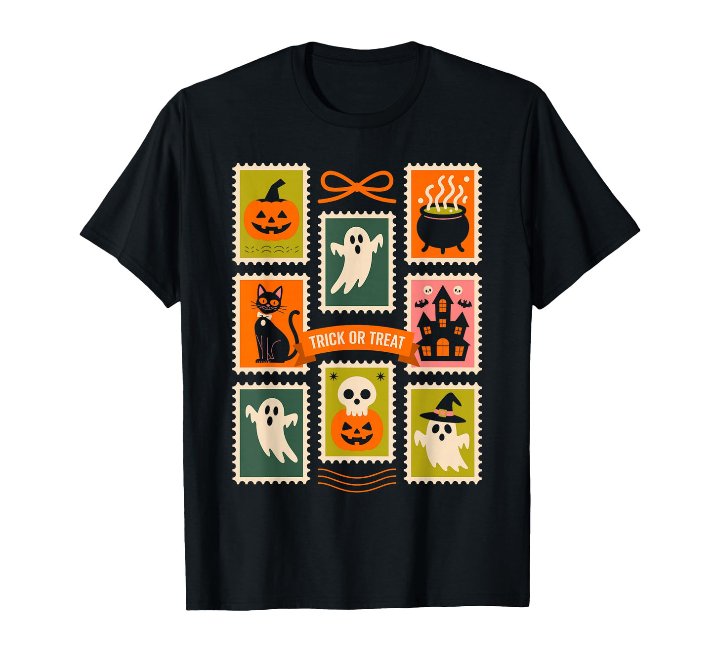 Halloween Stamps Spooky Pumpkin Ghost Cat Witch Skeleton T-Shirt