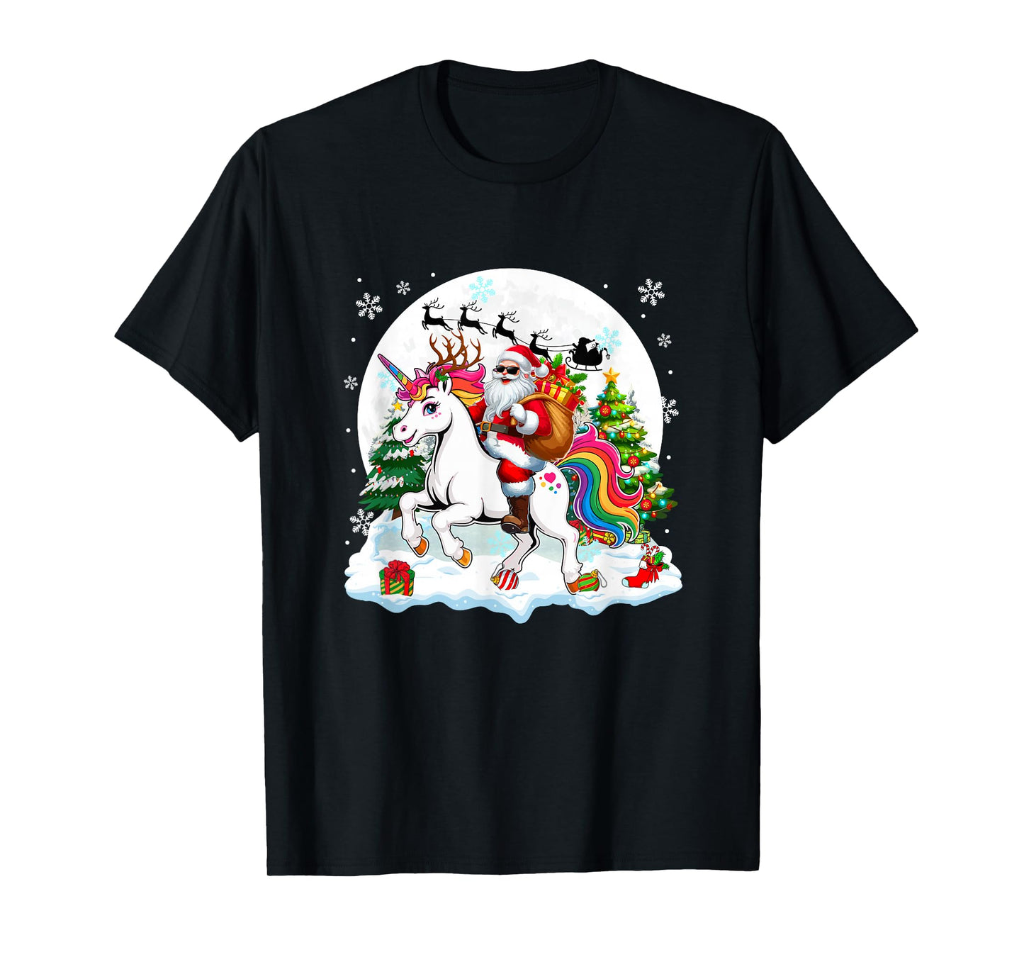Santa Sunglasses Riding Unicorn Reindeer Christmas Snowman T-Shirt