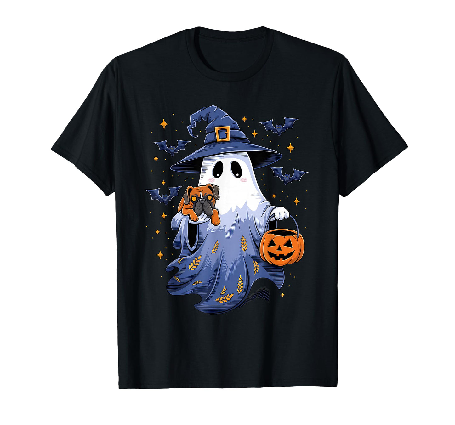 Ghost Witch Holding Boxer Dog Pumpkins Vintage Halloween T-Shirt