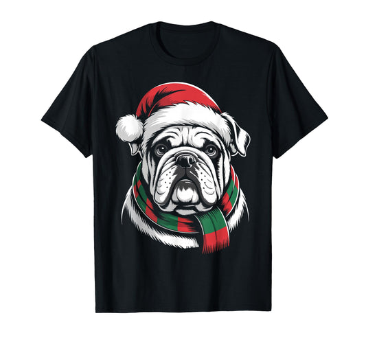 English Bulldog Xmas Santa Hat Scarf Christmas Costume T-Shirt