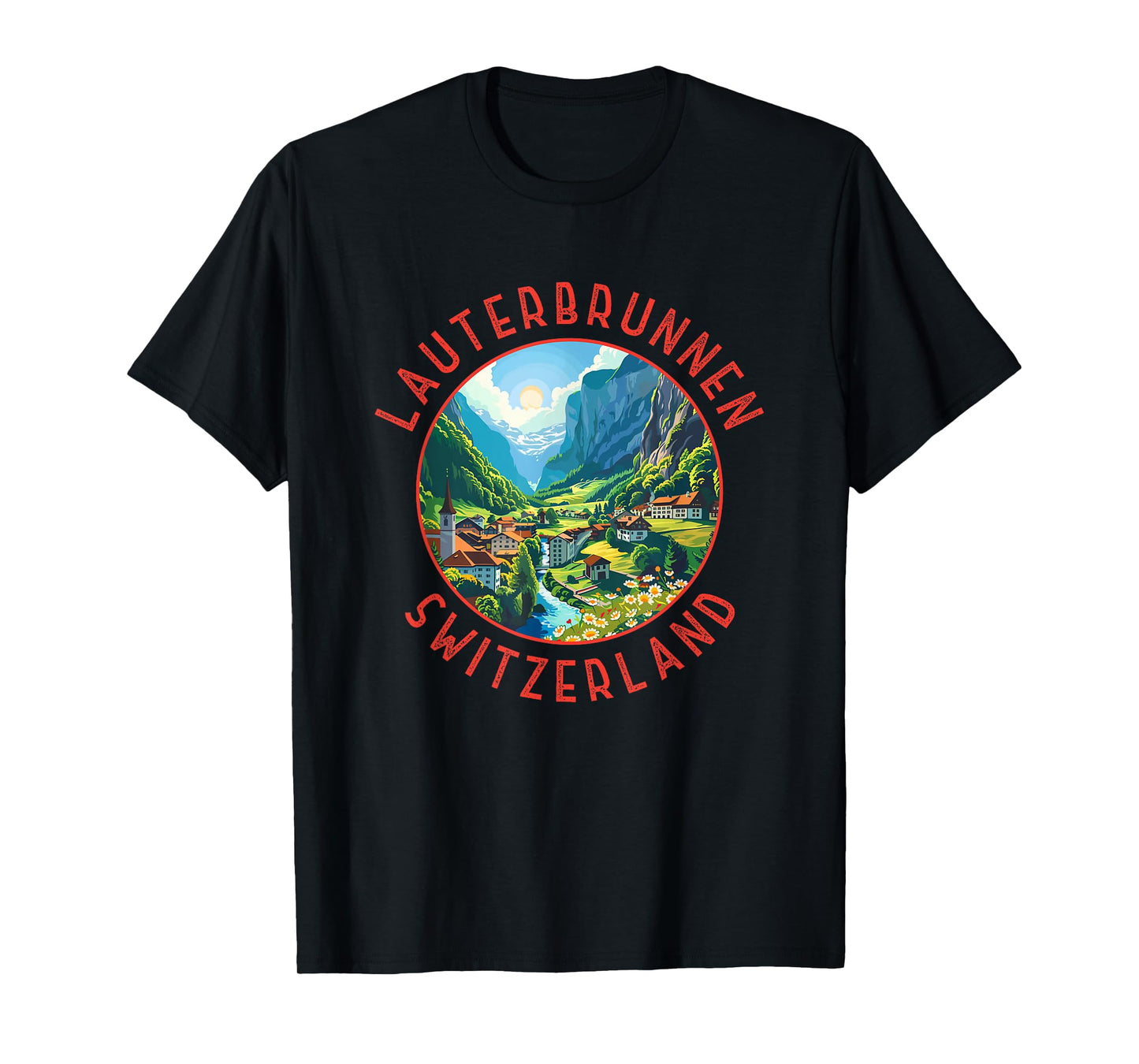 Lauterbrunnen Switzerland Retro Distressed Circle Vintage T-Shirt, Small, Black
