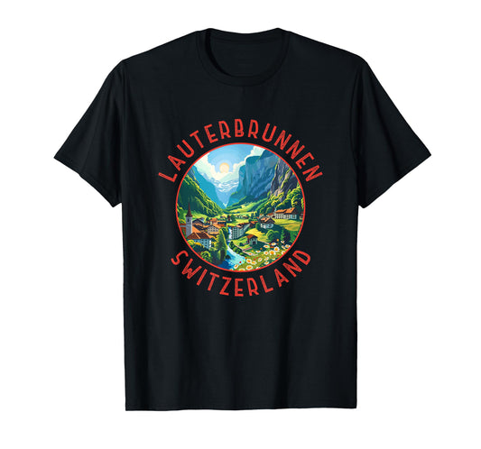 Lauterbrunnen Switzerland Retro Distressed Circle Vintage T-Shirt, Small, Black