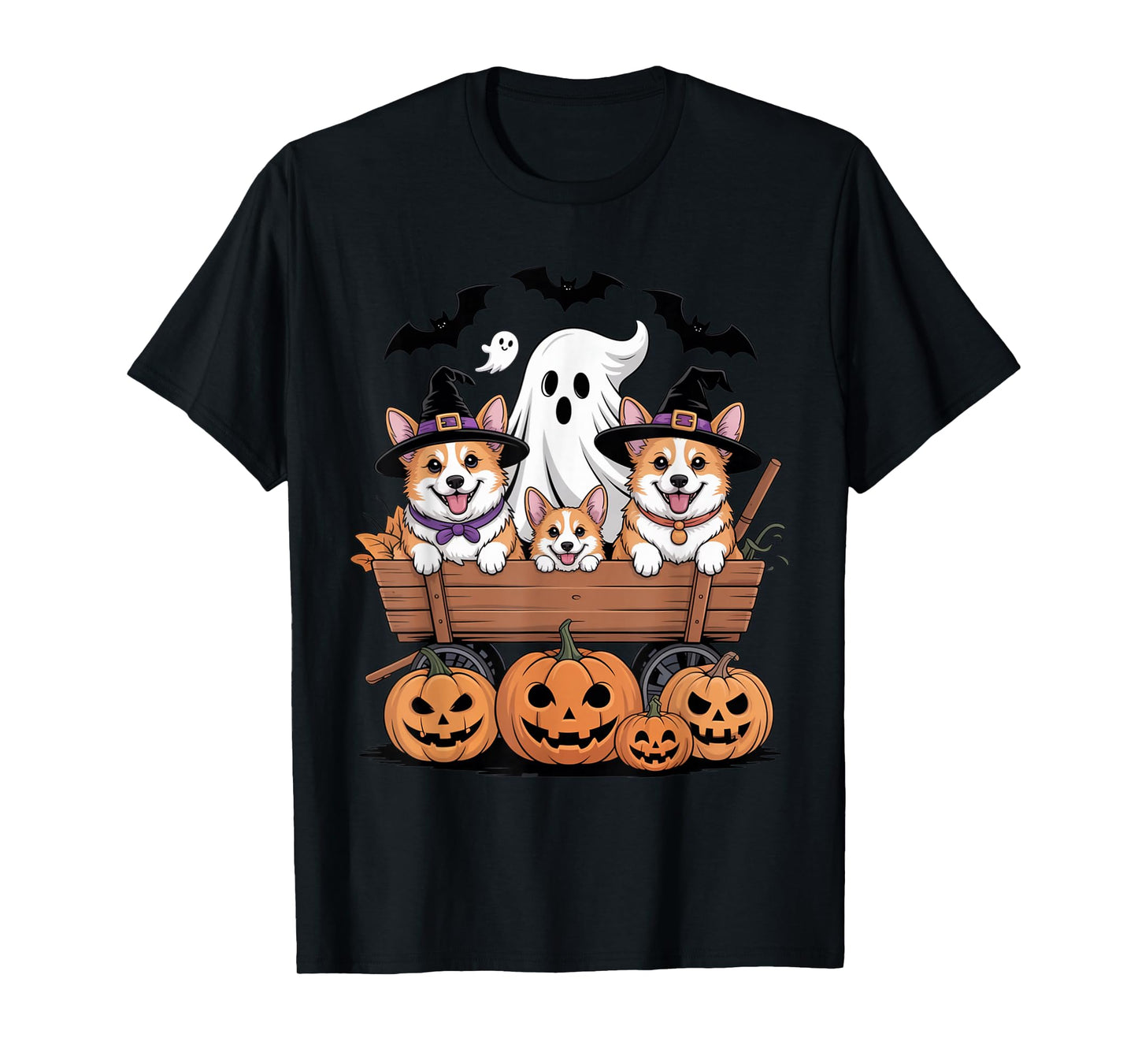 Cute Dogs Halloween Wagon Witch Hats Ghost Pumpkins Spooky T-Shirt