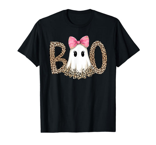 Leopard Ghost Boo Funny Coquette Bow Halloween Girl Women T-Shirt