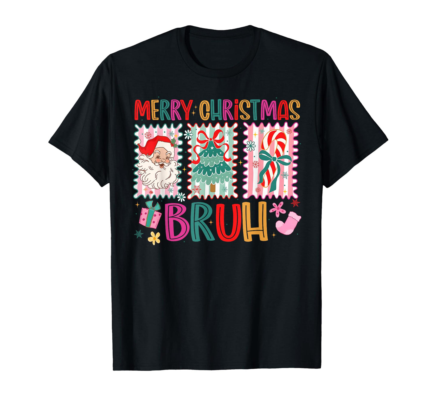 Preppy Merry Christmas Bruh Coquette Bow Santa Women Girl T-Shirt