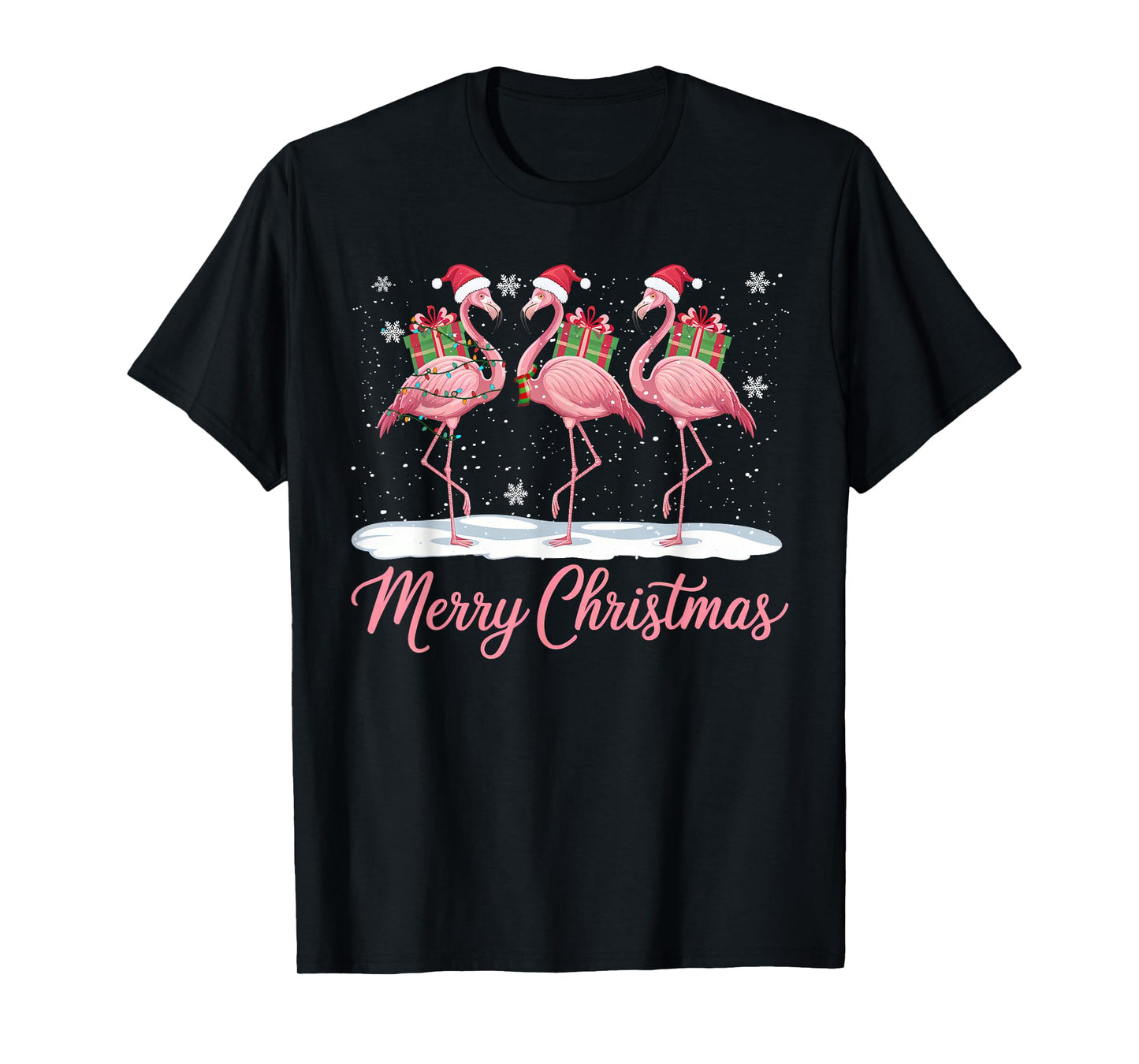 Merry Christmas Hat Santa Flamingo Light Funny Xmas Pajamas T-Shirt