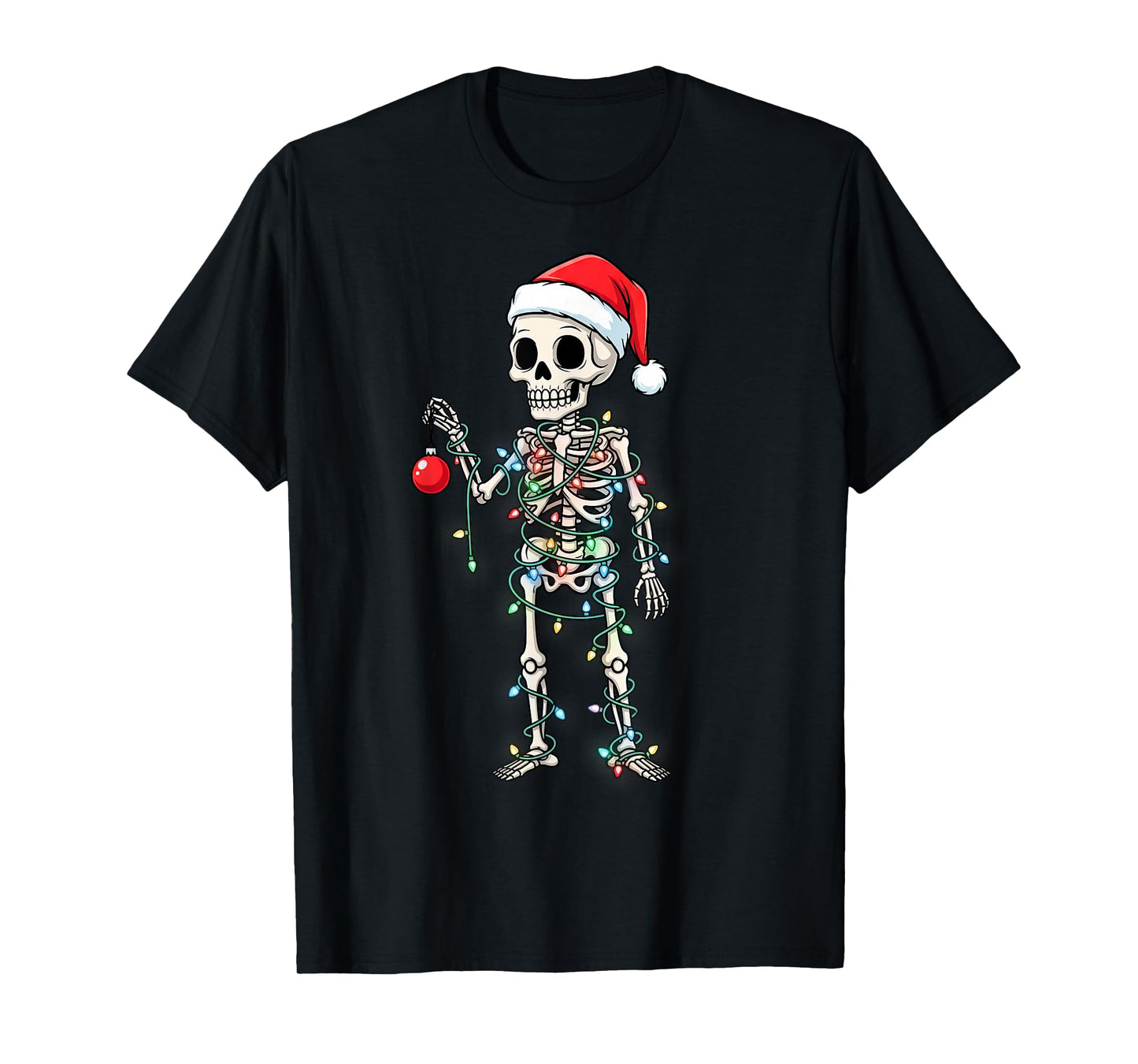 Funny Halloween Skeleton Tangled Christmas Lights Santa Hat T-Shirt