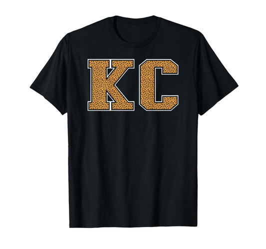 KC Leopard Pattern Retro Varsity Style Kansas City KC Back T-Shirt