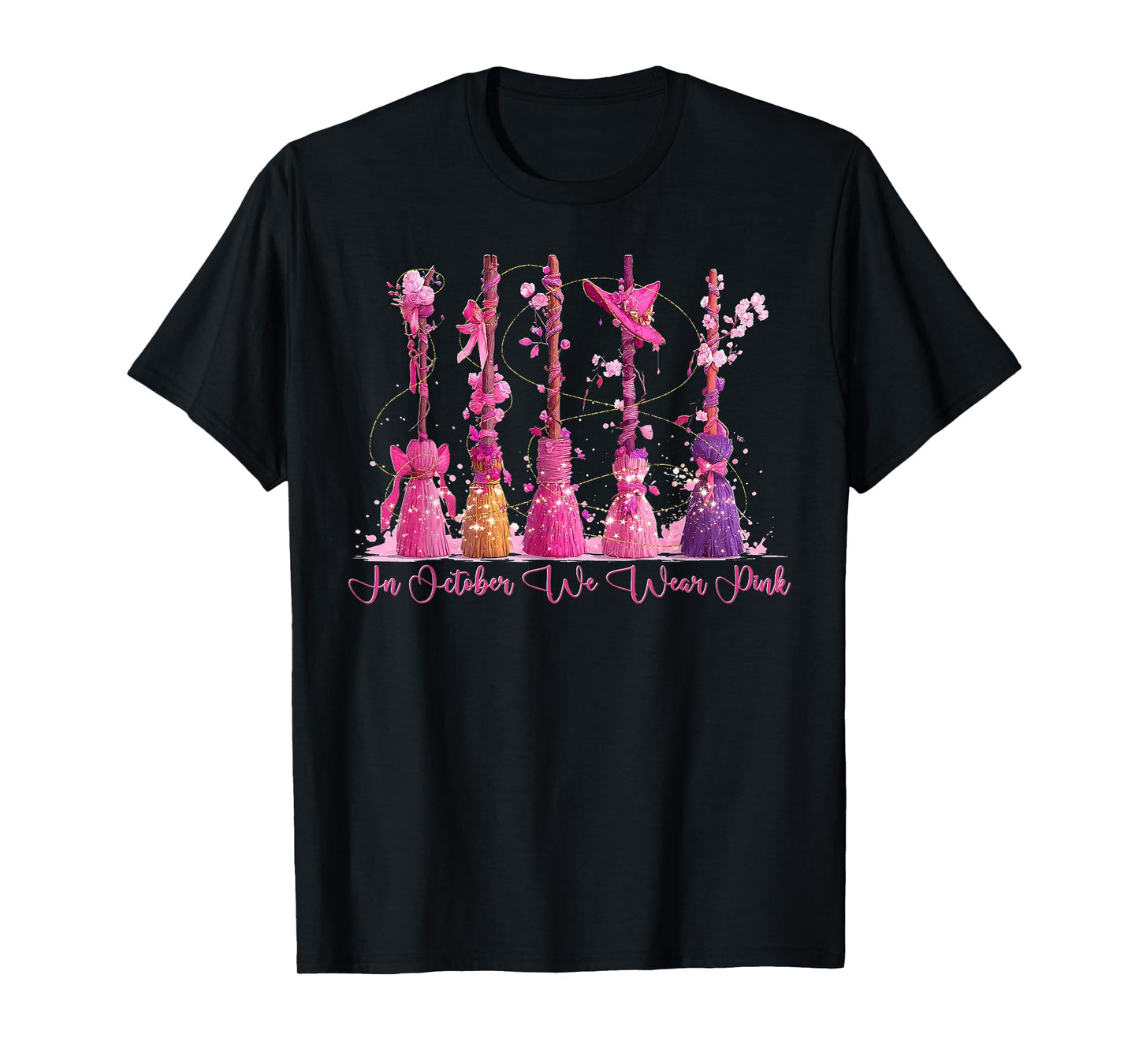 in October We Wear Pink Witches Brooms Spooky Breast Cancer T-Shirt