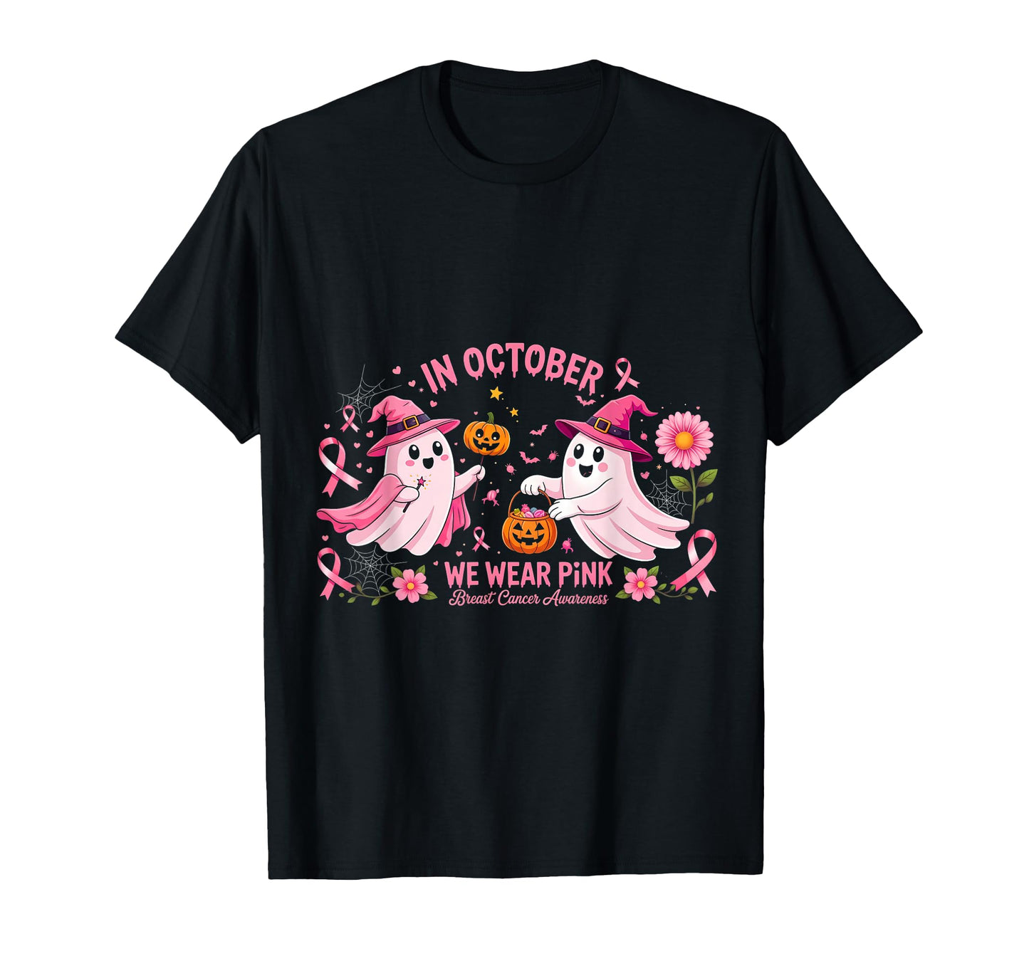 in October We Wear Pink Ghost Witch Breast Cancer Awareness T-Shirt