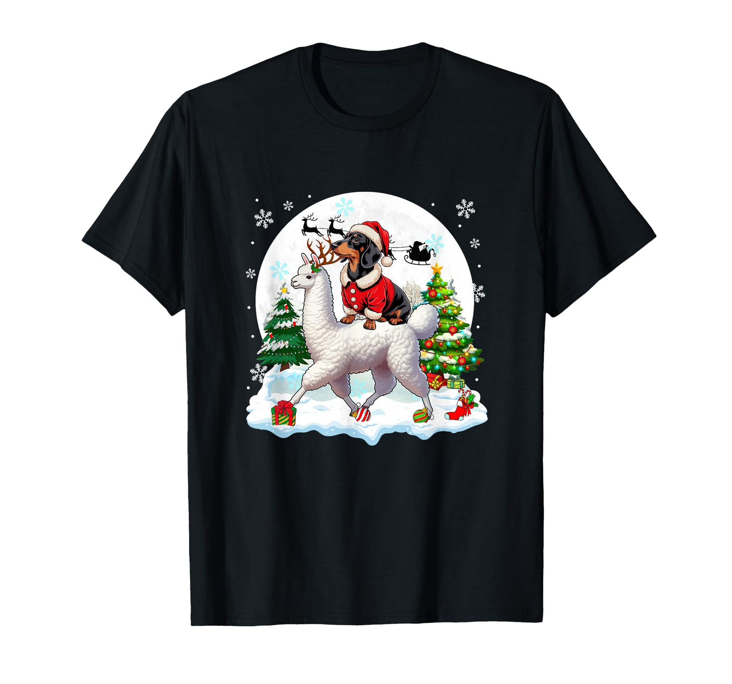 Santa Dachshund Riding Llama Reindeer Christmas Owner Kids T-Shirt