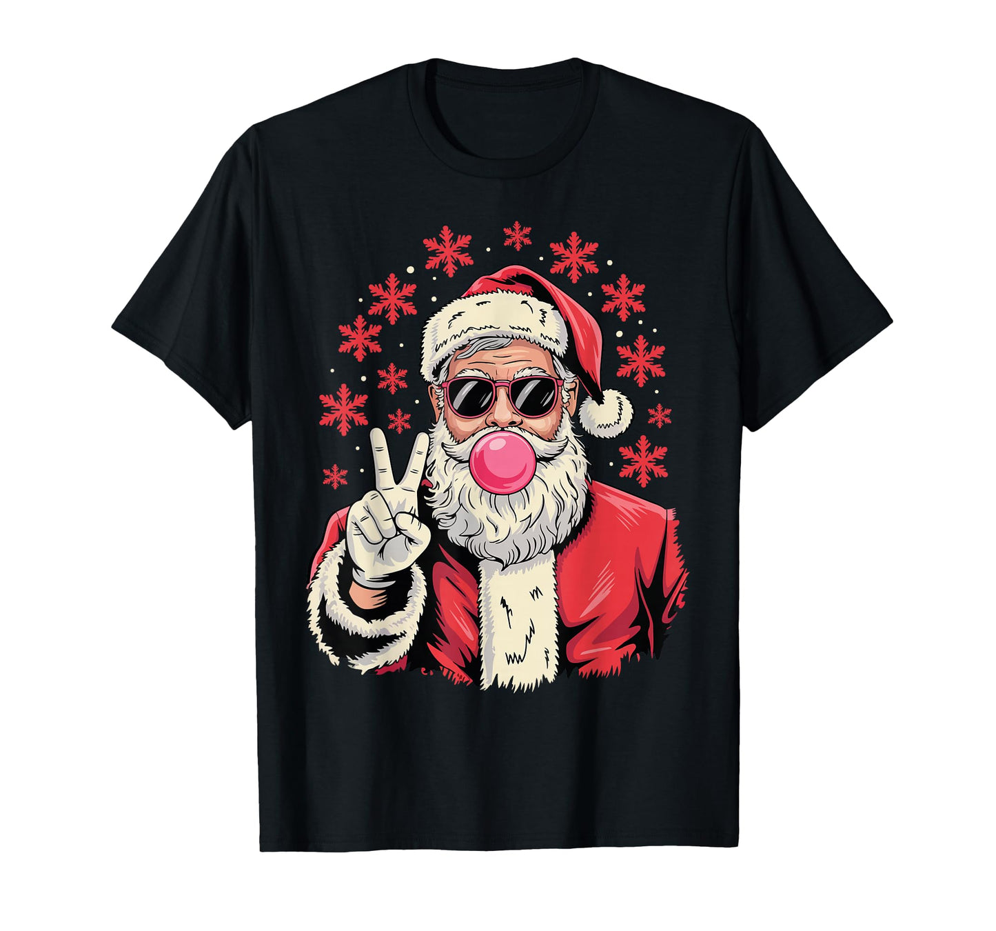 Christmas Peace Sign Hand Santa Claus Pink Bubble Gum Xmas T-Shirt