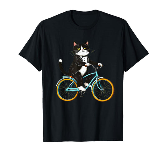 Tuxedo Cat Riding Bike Funny Vintage Animal Lover T-Shirt