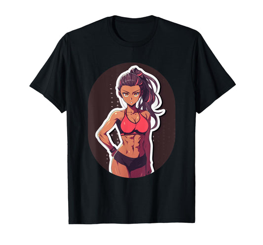 Dark Skin Anime & Manga Style Gym Girl Posing in Gym Clothes T-Shirt