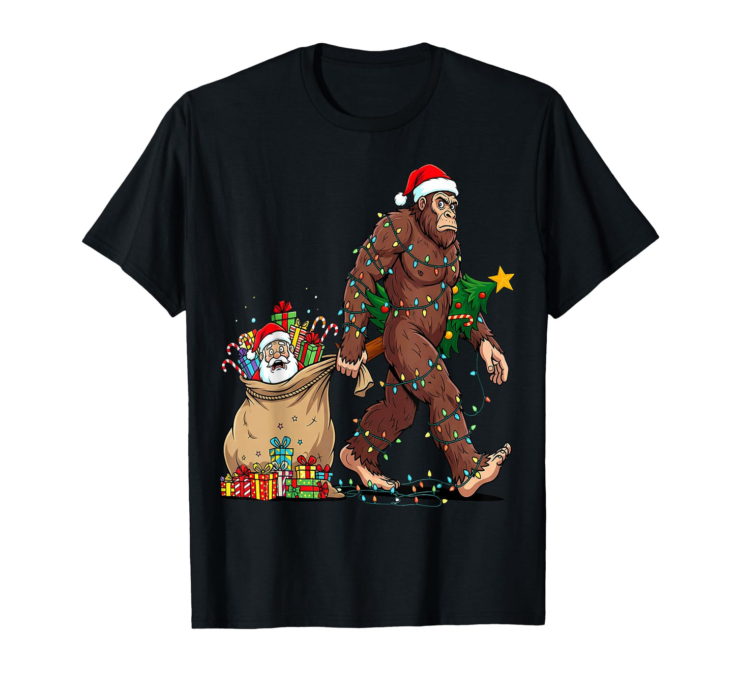 Funny Bigfoot Steals Santa & Xmas Tree - Christmas Sasquatch T-Shirt