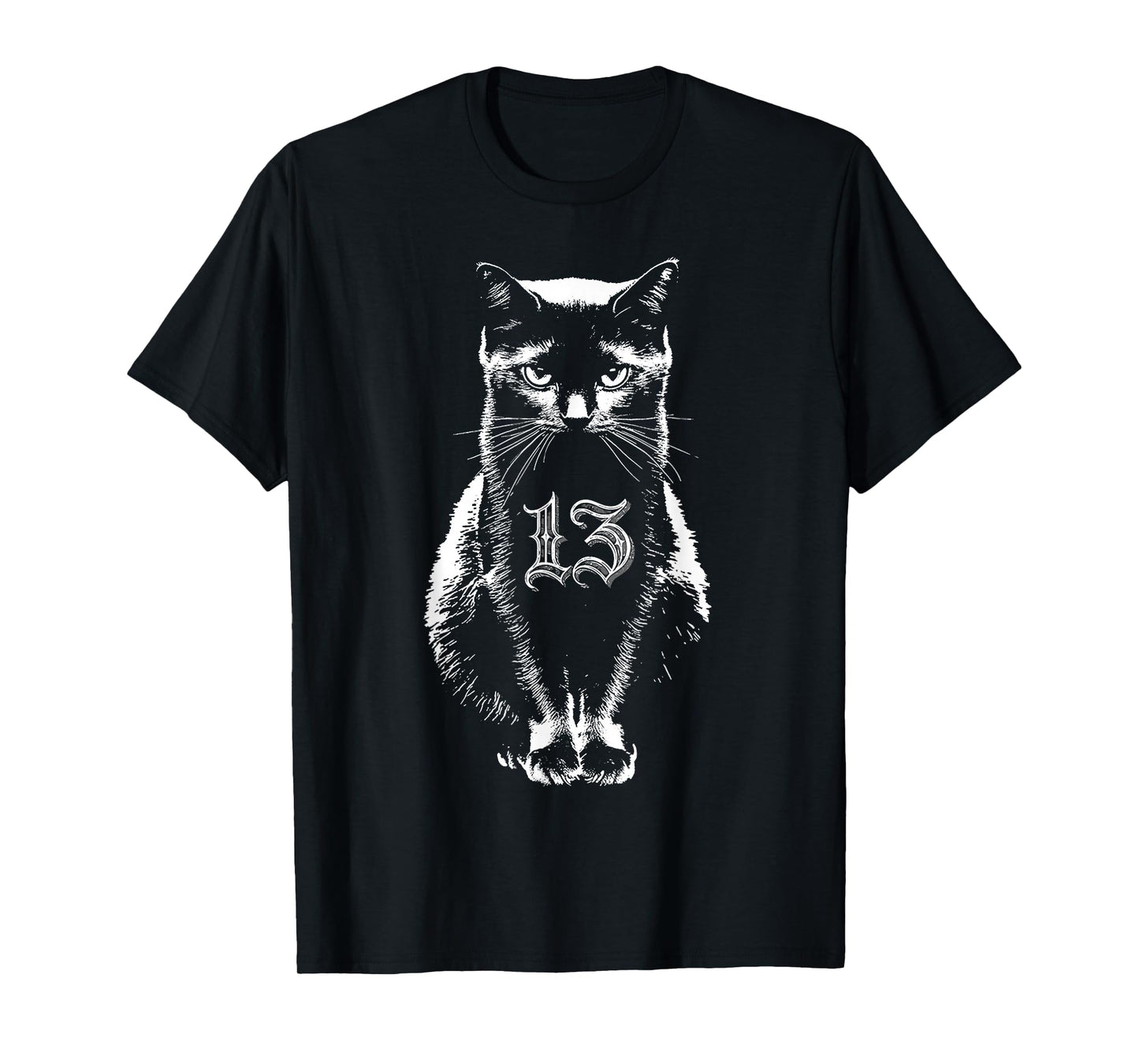 Lucky 13 Black Cat Gothic Occult Design T-Shirt