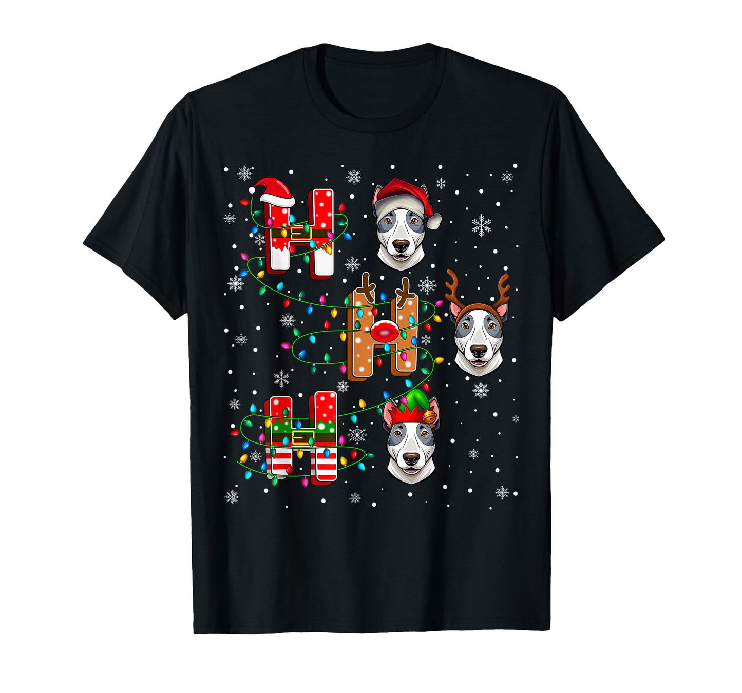 Ho Ho Santa Reindeer Hat Elf Matching Bull Terrier Dog Xmas T-Shirt