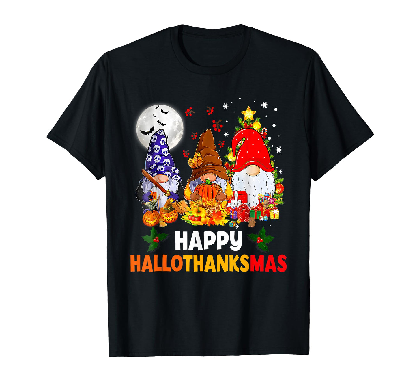 Happy Hallothanksmas Gnomes Lover Halloween Merry Christmas T-Shirt