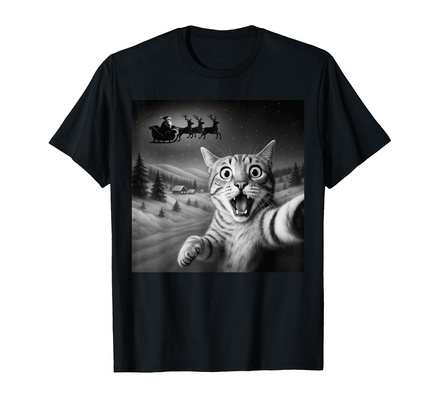 Funny Shocked Cat Selfie Santa Sleigh Christmas Night T-Shirt