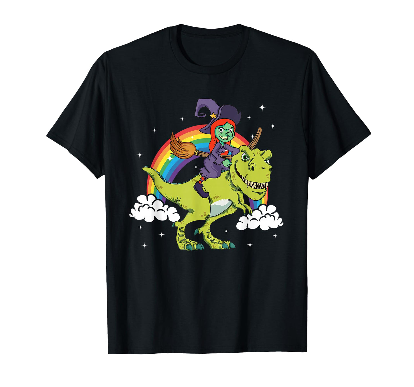 Witch Halloween Dinosaur Tyrannosaurus T-Rex Rainbow Cloud T-Shirt