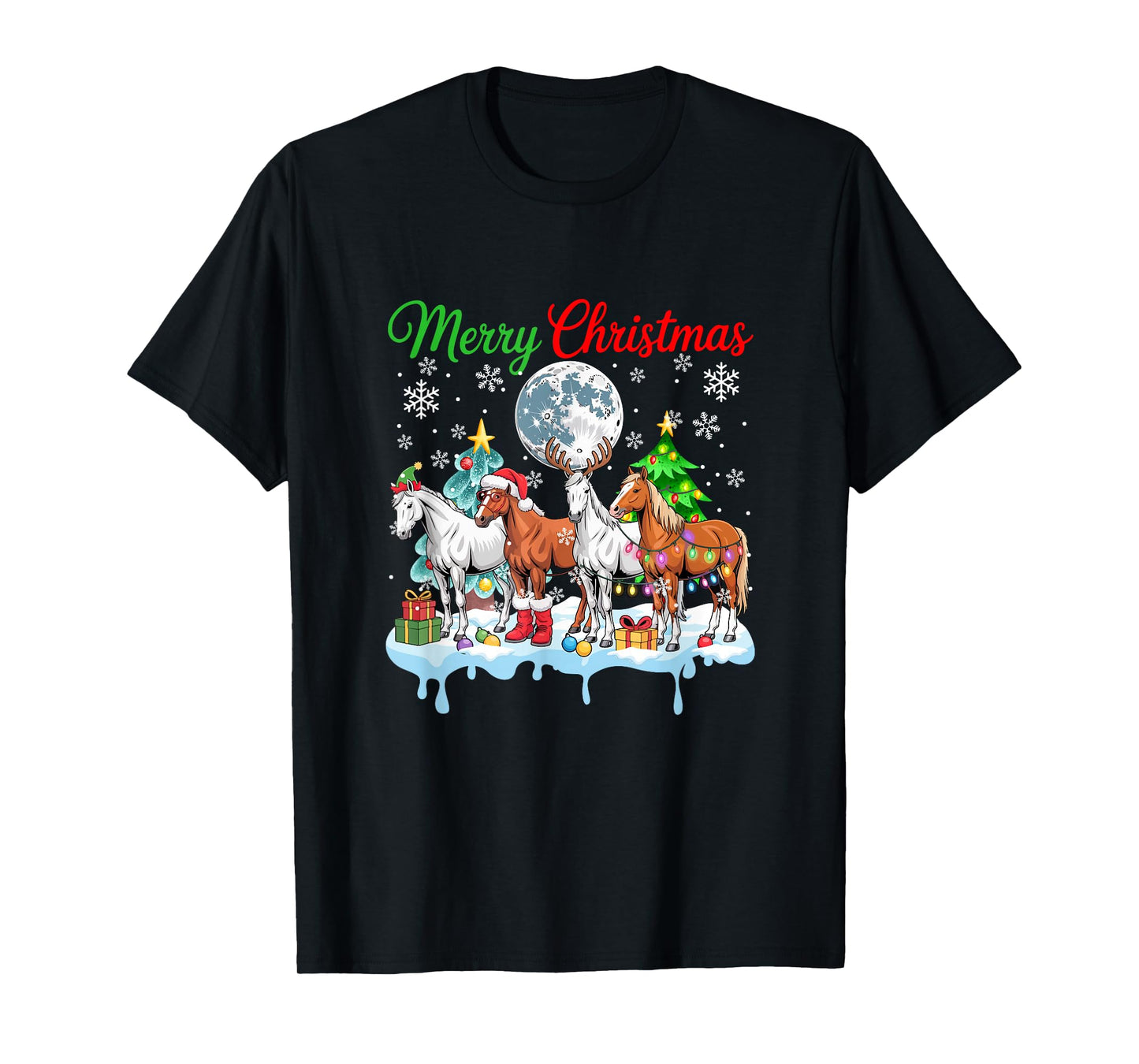 Merry Christmas Snow Group Santa Elf Reindeer Horses Farmer T-Shirt