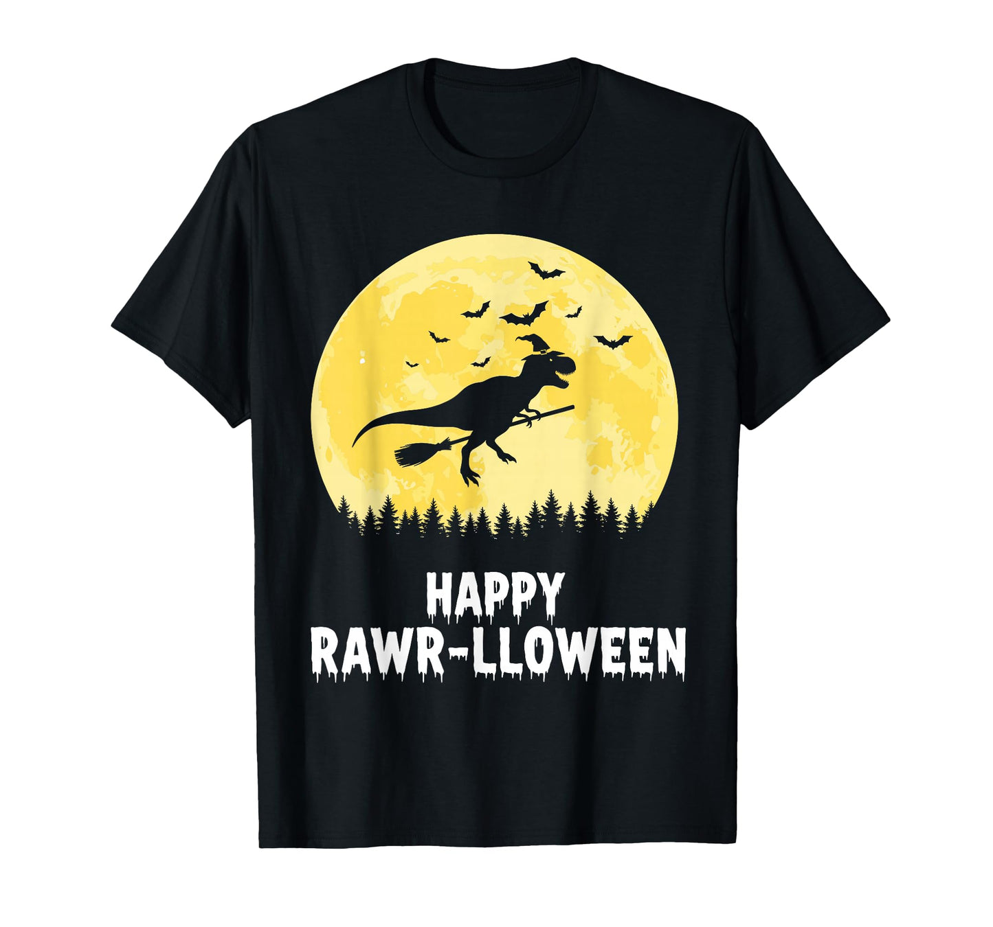 Happy Rawr-lloween Funny Halloween T Rex Flying Witch T-Shirt