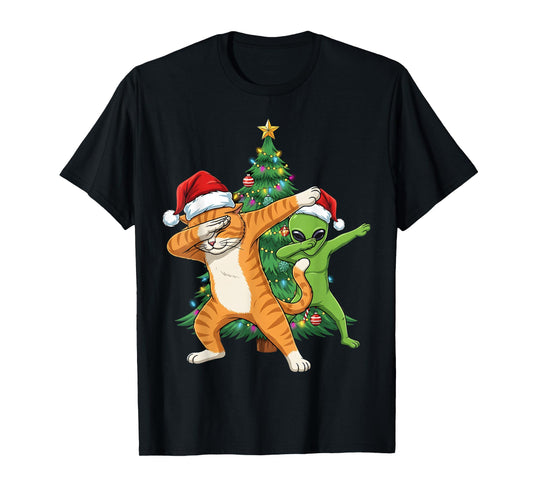Dabbing Cat Alien Christmas Tree Santa Xmas Funny Boys Men T-Shirt