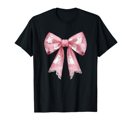 Pink Ghost Coquette Bow Halloween Spooky Season Womens Girls T-Shirt