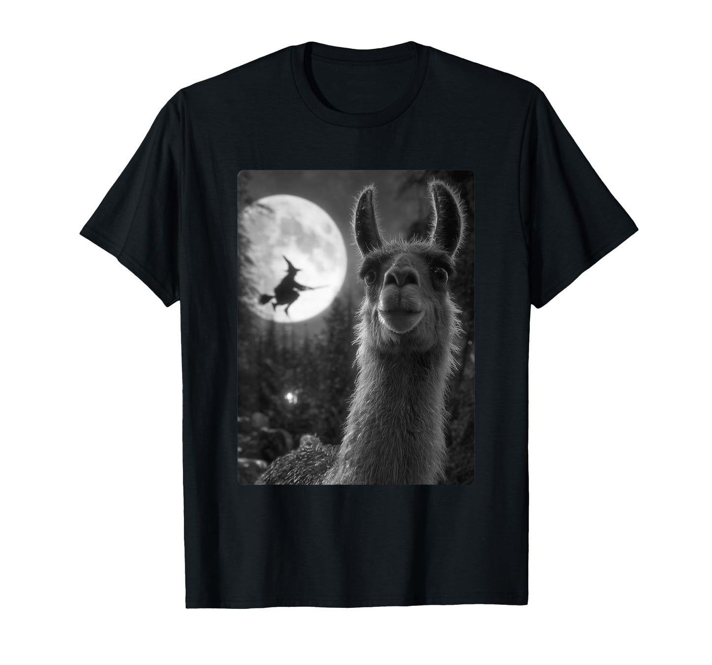 Funny Llama Selfie Full Moon Flying Witch Forest Halloween T-Shirt