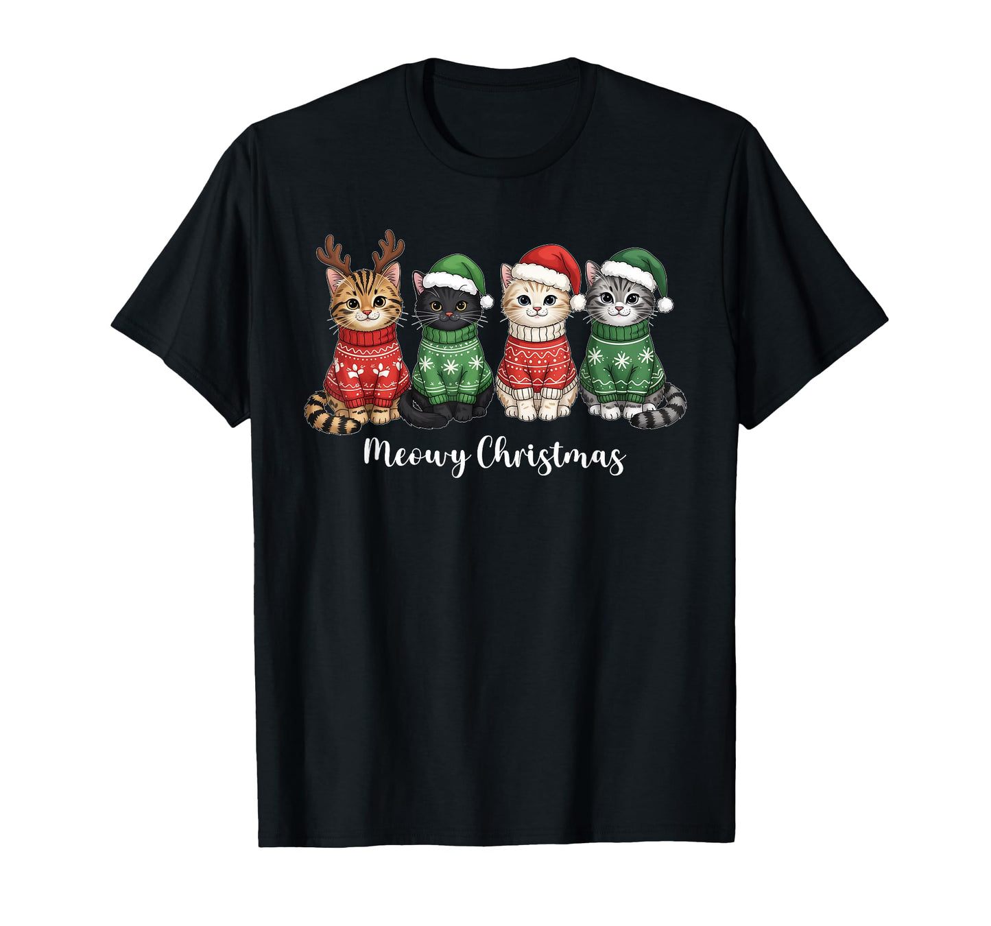 Meowy Christmas Cat Ugly Christmas Cat Reindeer Santa Xmas T-Shirt