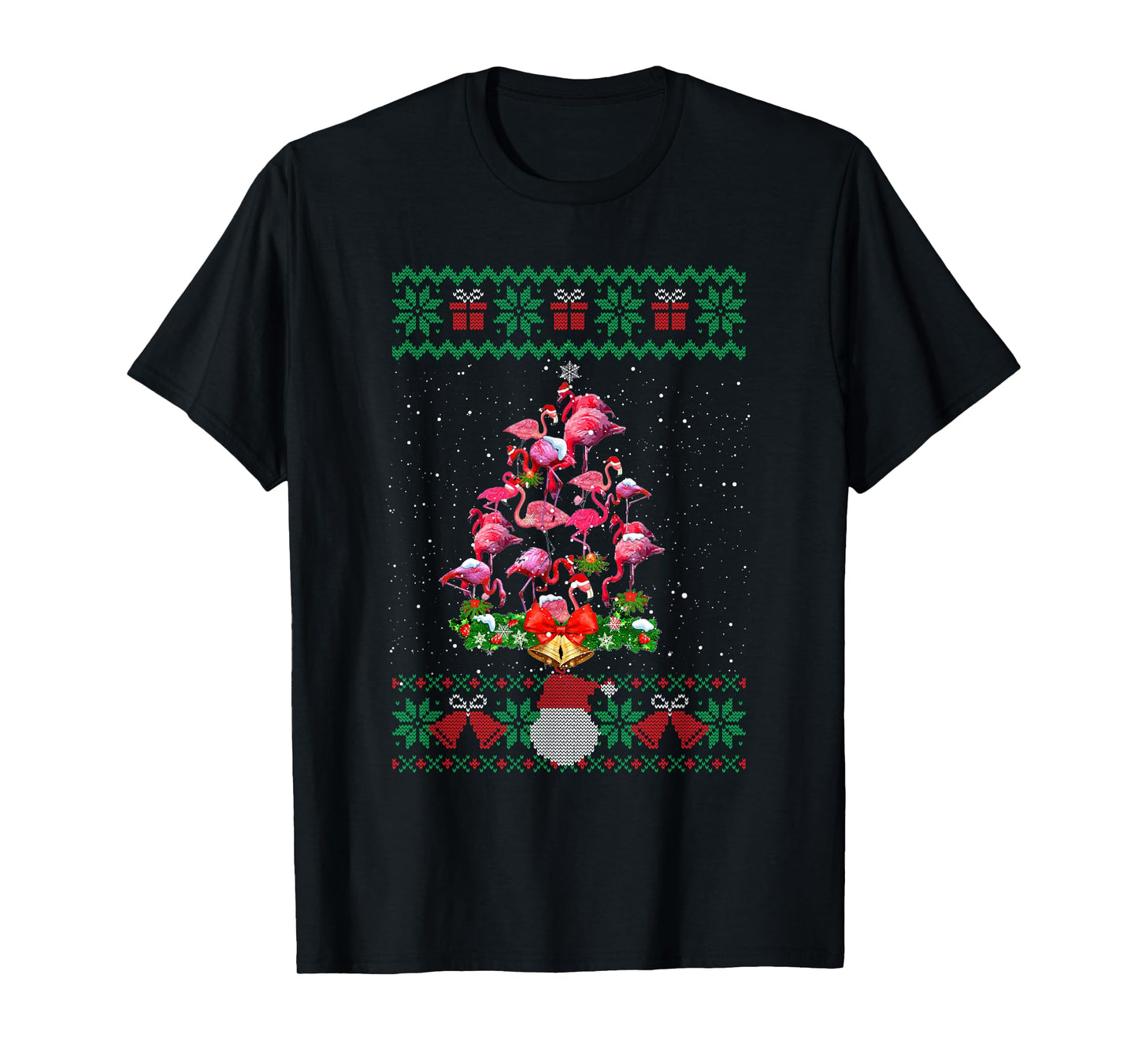 Christmas Flamingo Santa Hat Family Xmas Tree Lights Ugly T-Shirt
