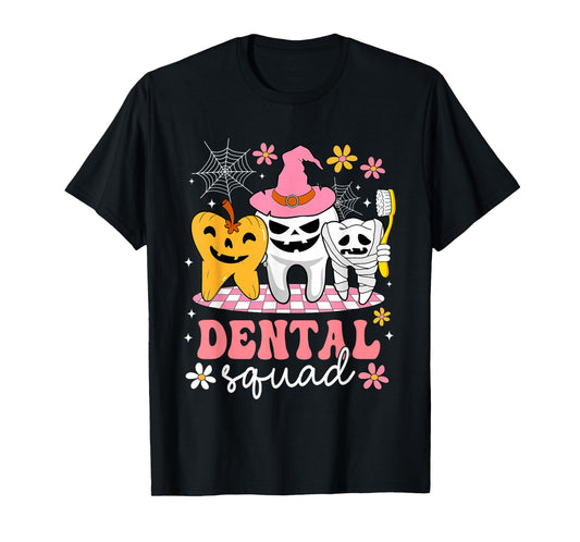 Dental Squad Tooth Pumpkin Witch Hat Funny Halloween T-Shirt