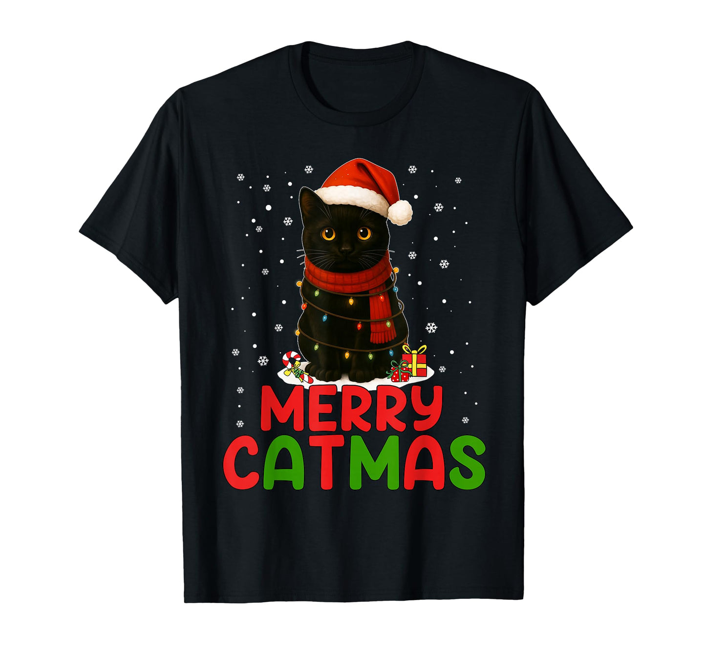 Merry Catmas Santa Hat Funny Black Cat Christmas Women Kids T-Shirt