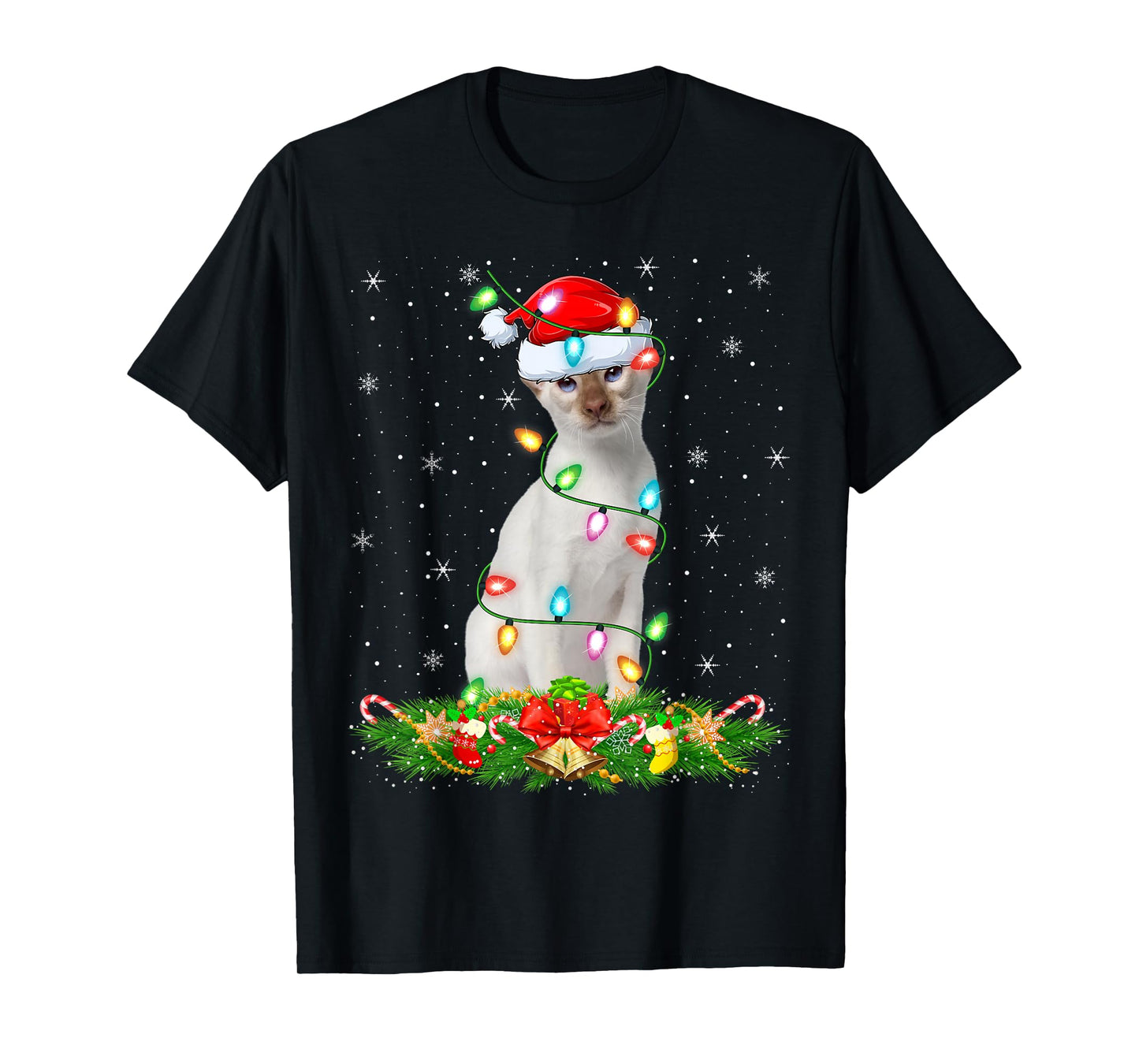 Siamese Cat Christmas Lights Funny Santa Hat Cat Xmas T-Shirt