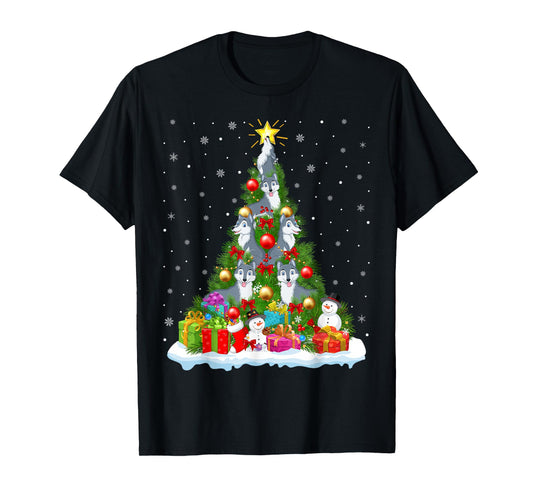 Cute Wolf Christmas Tree Holiday Decor Funny Xmas Lights T-Shirt