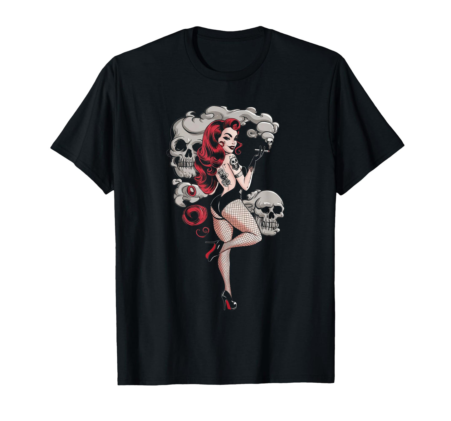 Tattoo Goth Pin-up Girl with Skull Vintage Horror Rockabilly T-Shirt