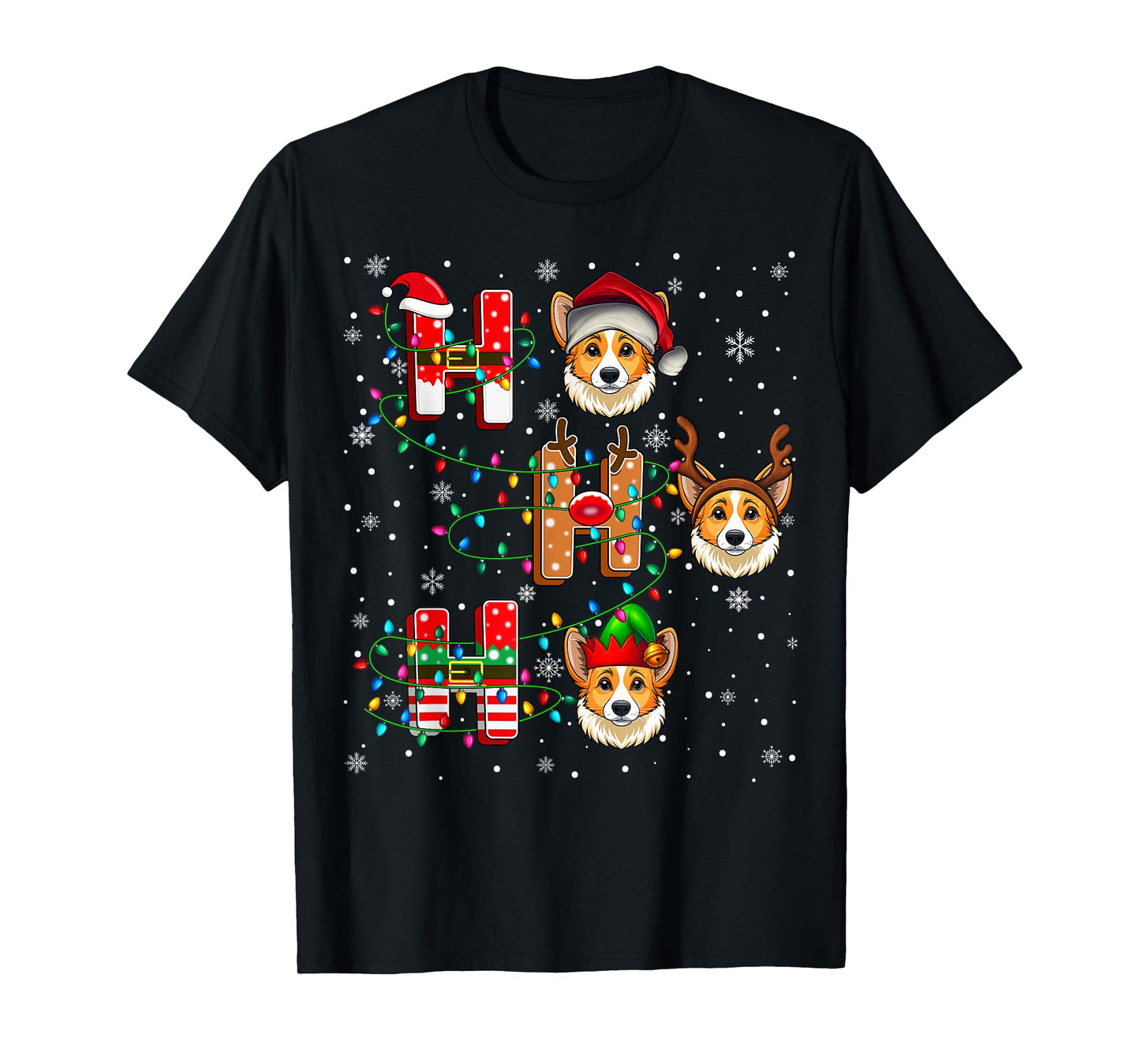 Ho Ho Ho Santa Reindeer Hat Elf Matching Corgi Dog Xmas T-Shirt