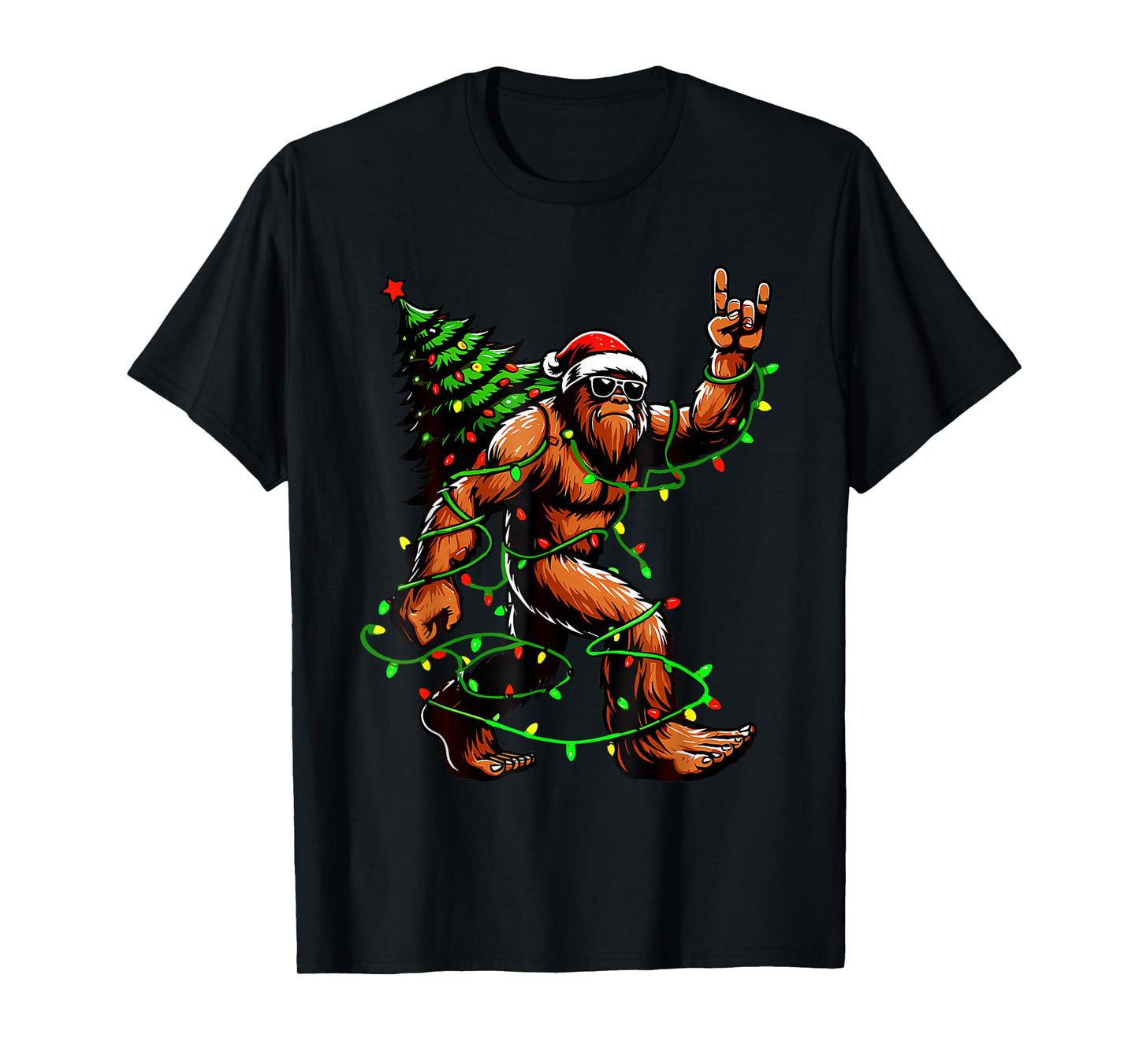 Bigfoot Santa Christmas Tree Lights Funny Xmas Sasquatch T-Shirt