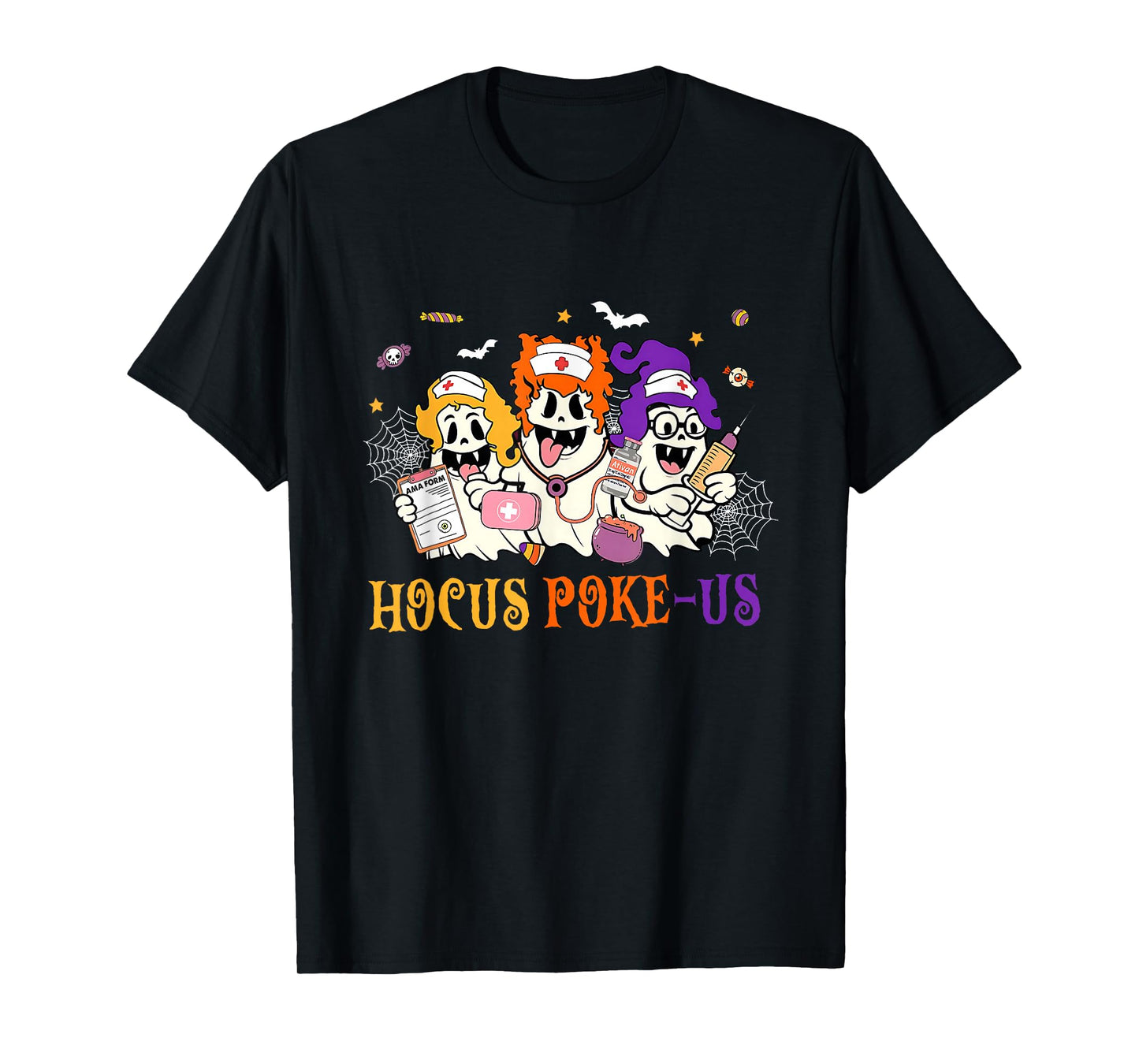 Retro Funny Hocus Poke Us Spooky Nurse Halloween Ghost T-Shirt