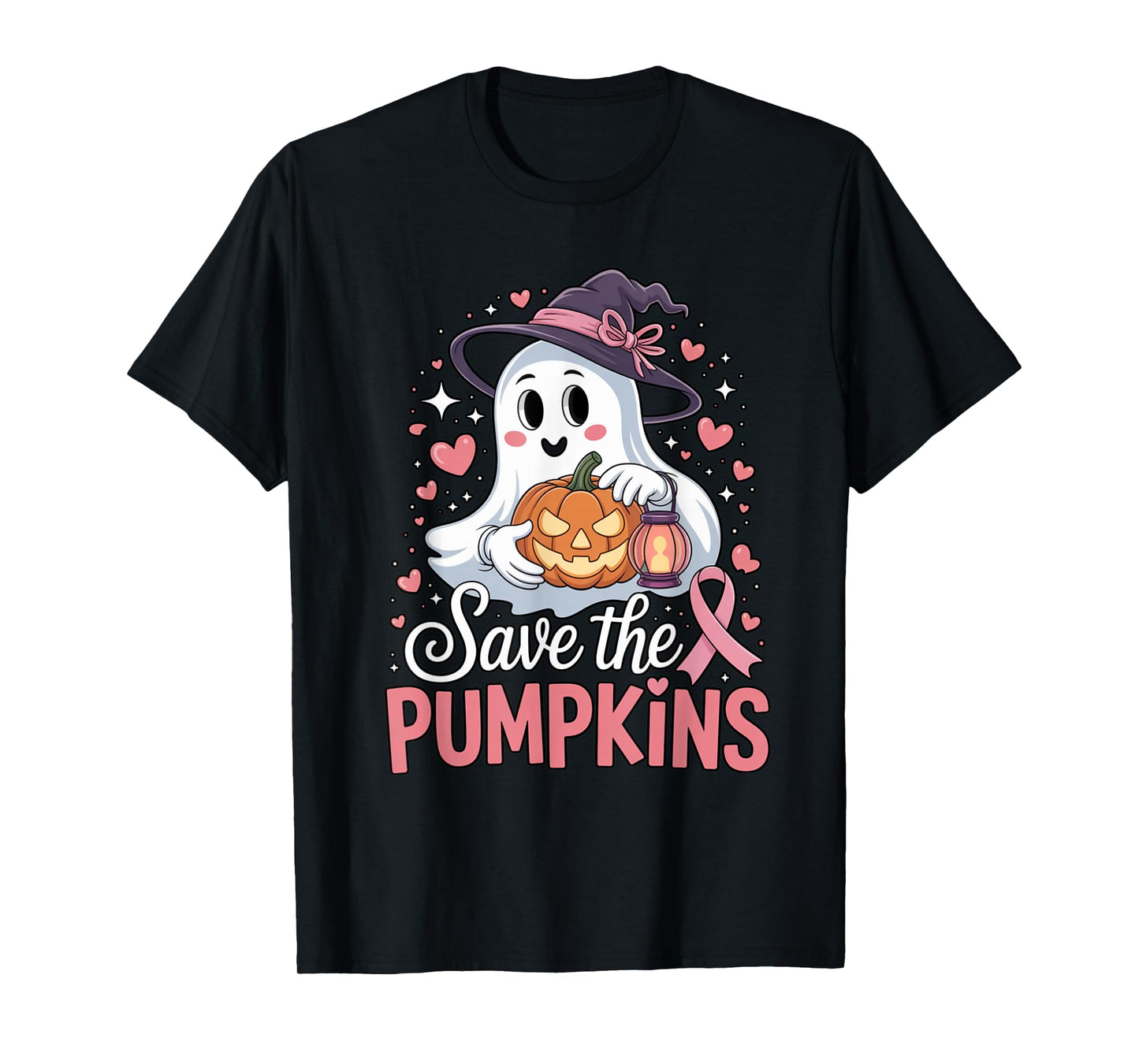 Save The Pumpkins Pink Ribbon Halloween Ghost Breast Cancer T-Shirt